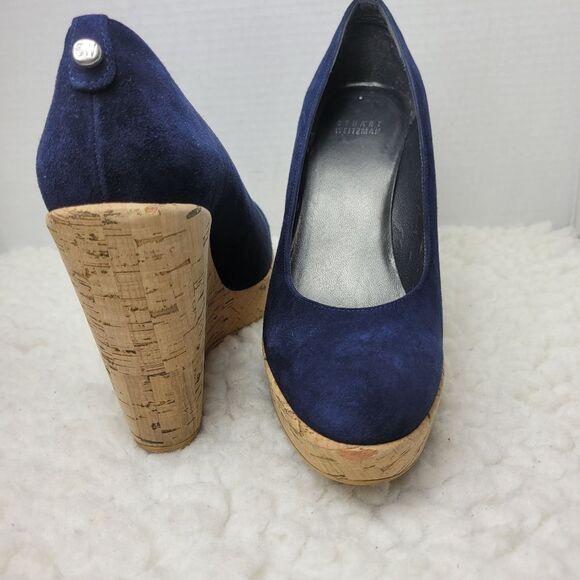 Stuart Weitzman Women's Cork Wedge Shoes Size 8.5 Navy Blue Suede Shoes - Picture 7 of 9